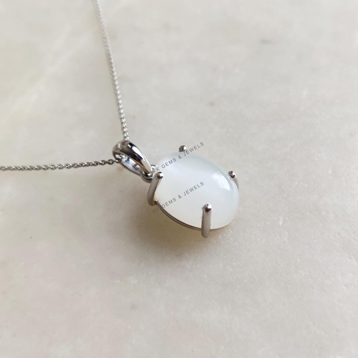Natural White Moonstone Pendant, 14K Solid White Gold Prong Setting, June Birthstone