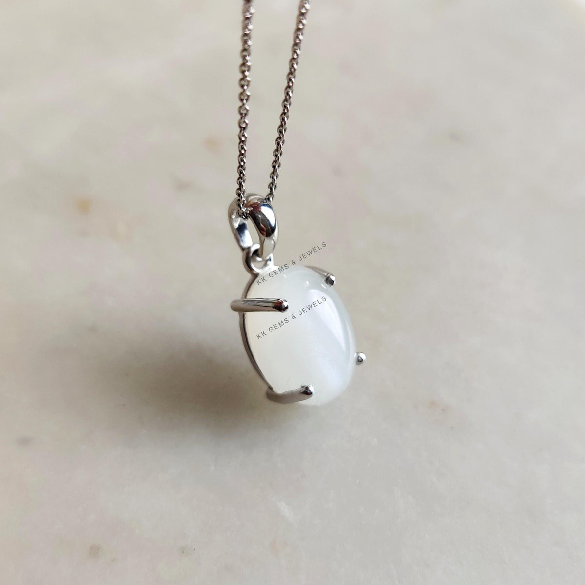 Natural White Moonstone Pendant, 14K Solid White Gold Prong Setting, June Birthstone