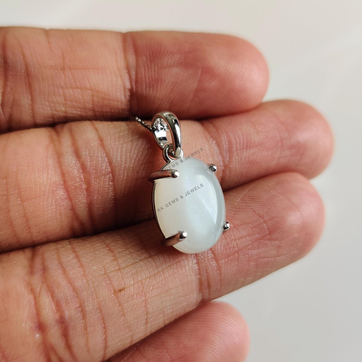 Natural White Moonstone Pendant, 14K Solid White Gold Prong Setting, June Birthstone