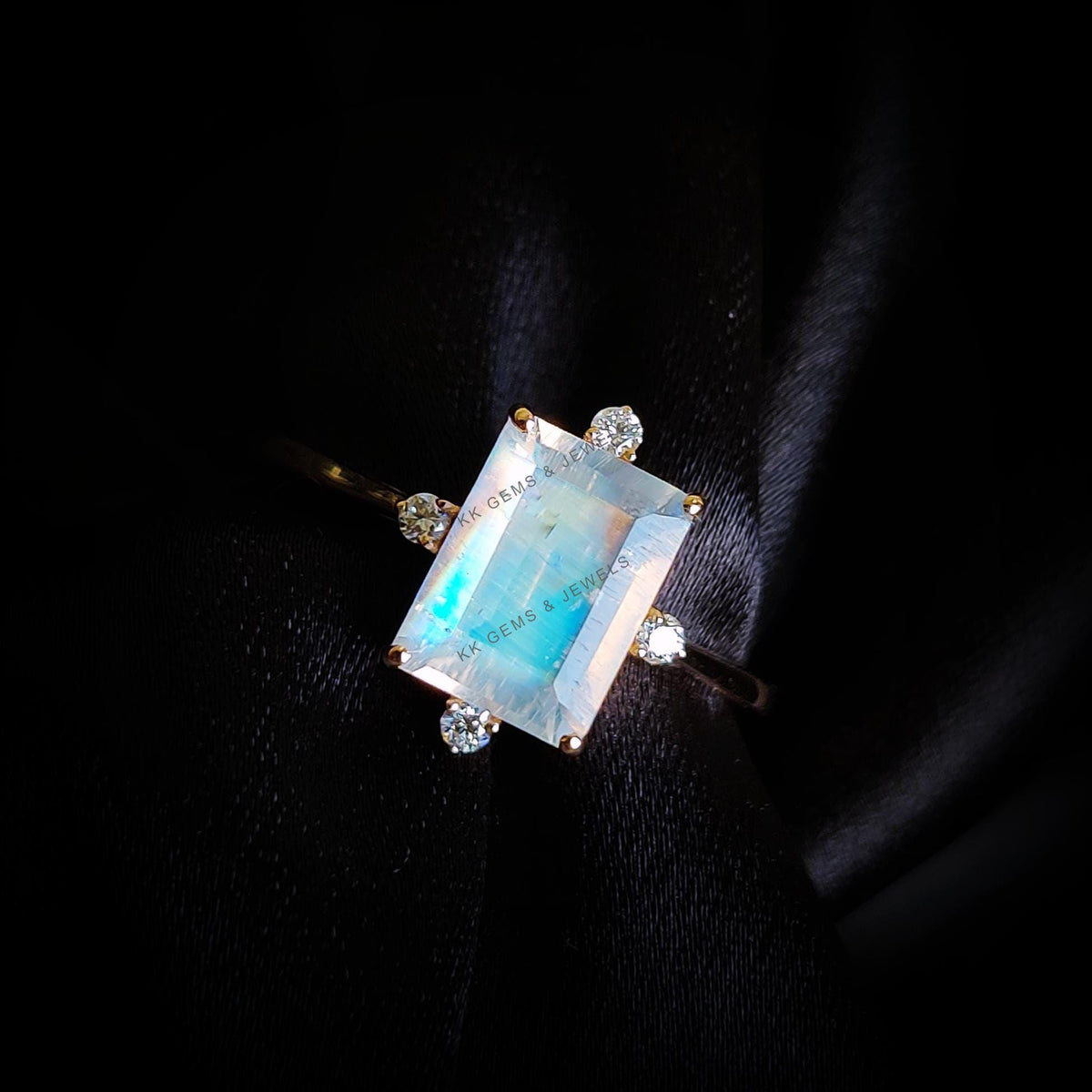 Natural Rainbow Moonstone & Diamond Ring, 14K Solid Rose Gold, Gemstone Jewelry