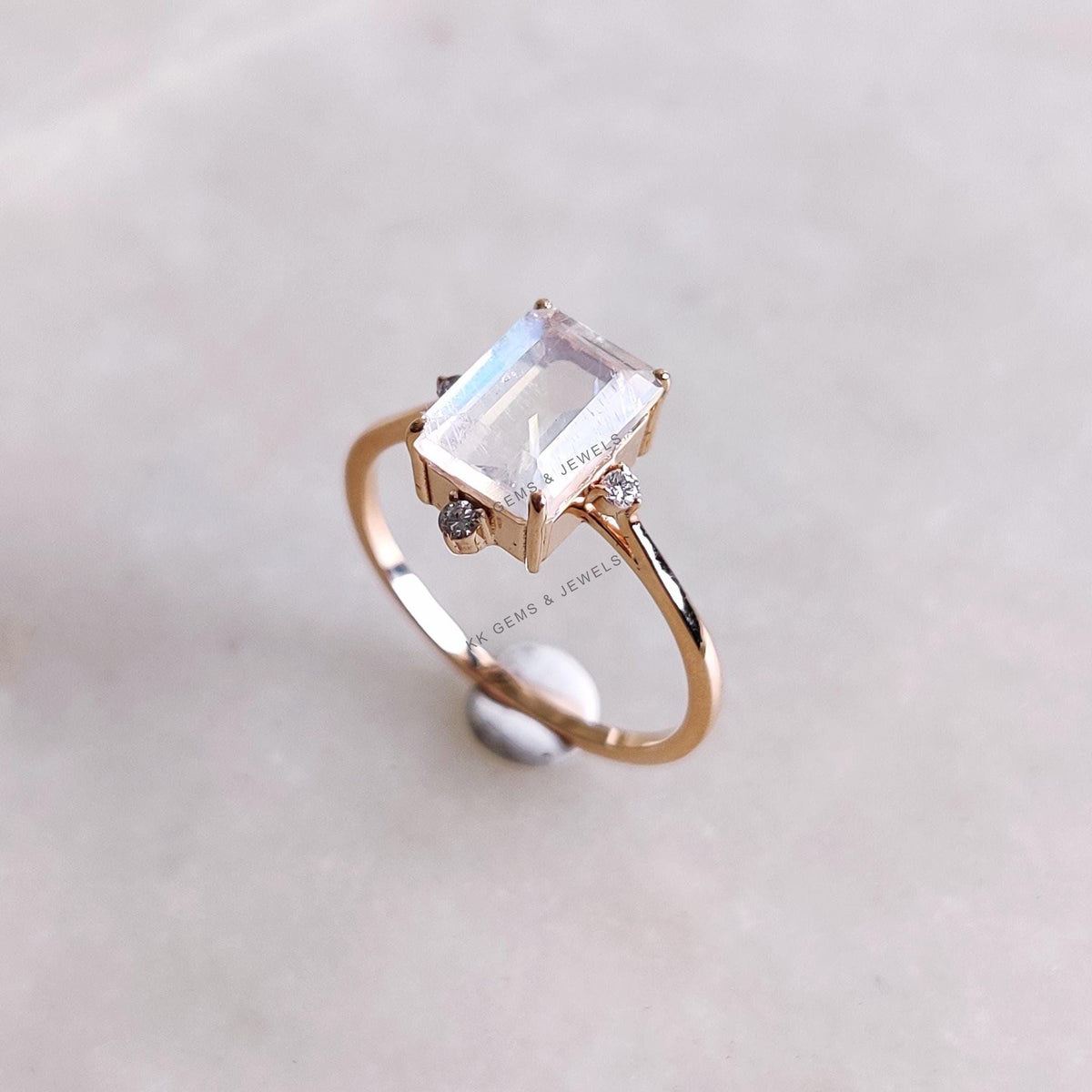 Natural Rainbow Moonstone & Diamond Ring, 14K Solid Rose Gold, Gemstone Jewelry