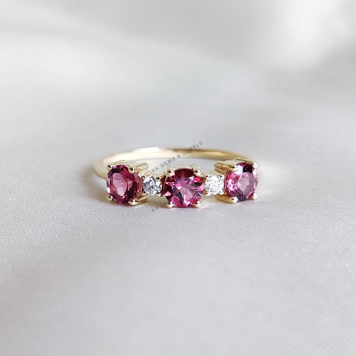 Natural Pink Tourmaline and Diamond Stackable Ring, 14K Solid Yellow Gold, October Birthstone