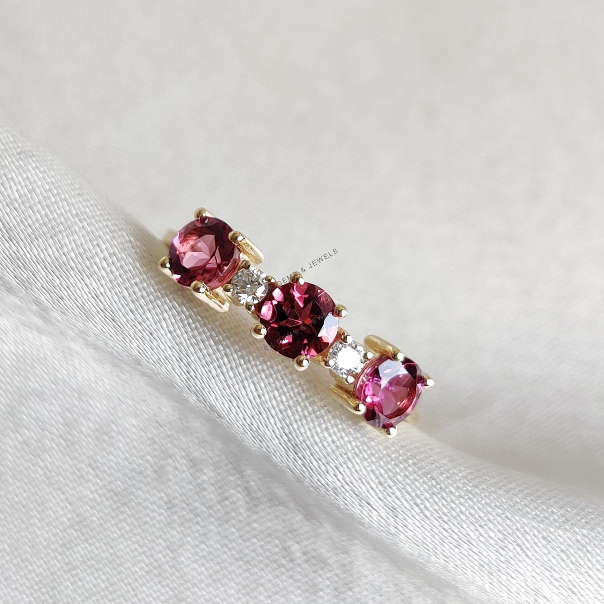 Natural Pink Tourmaline and Diamond Stackable Ring, 14K Solid Yellow Gold, October Birthstone