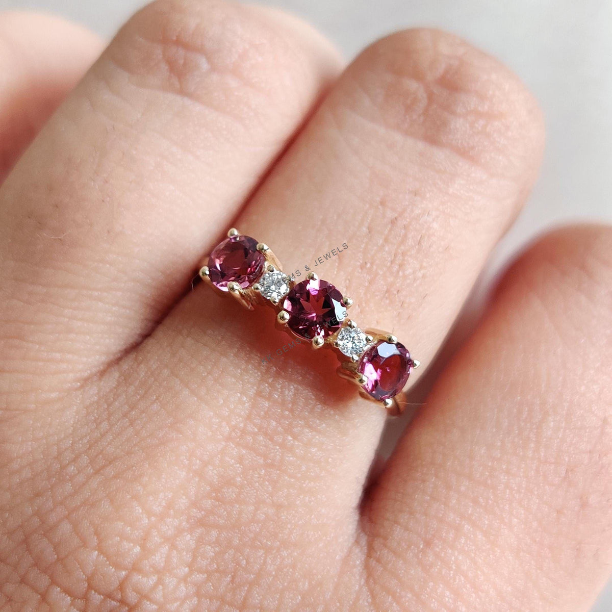 Natural Pink Tourmaline and Diamond Stackable Ring, 14K Solid Yellow Gold, October Birthstone
