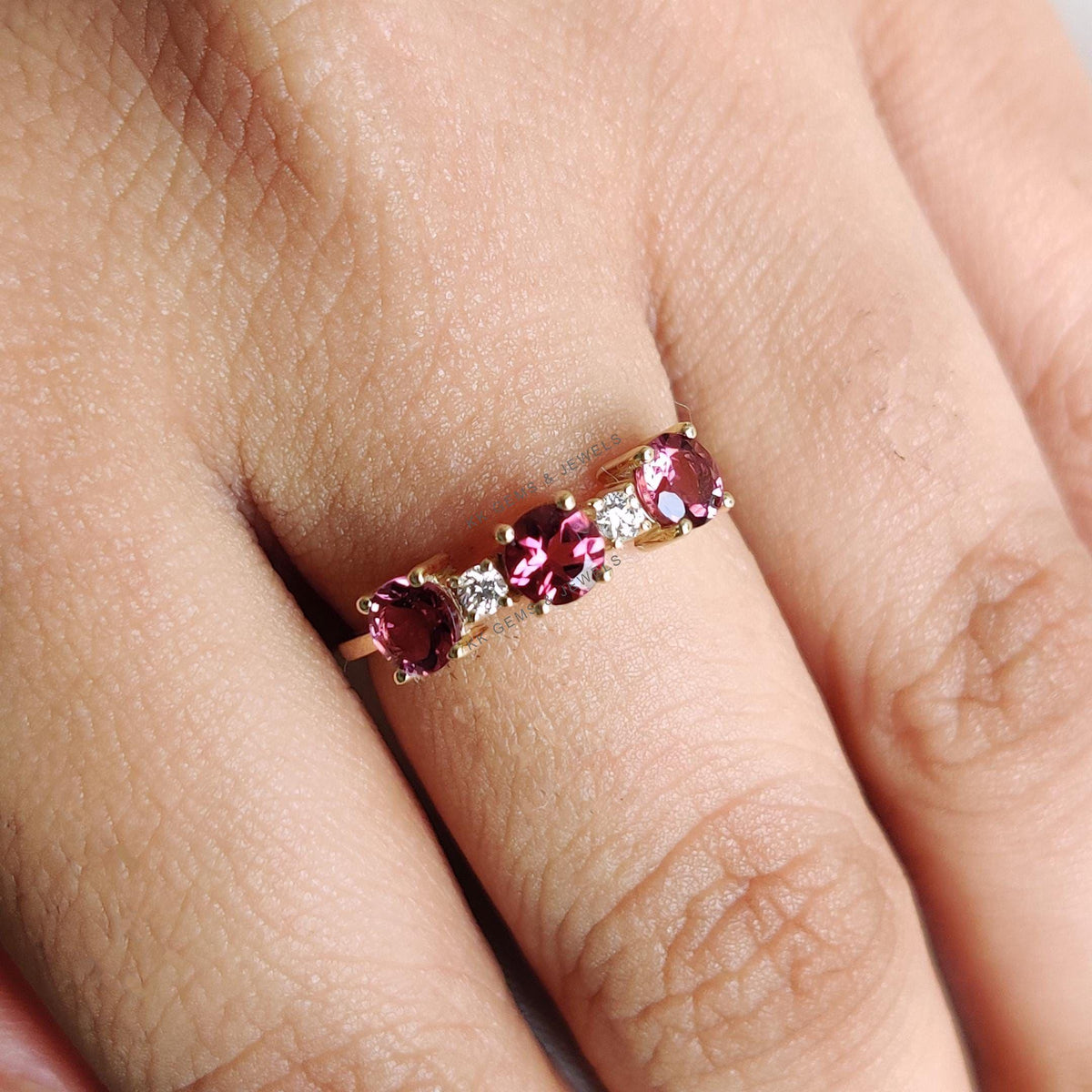 Natural Pink Tourmaline and Diamond Stackable Ring, 14K Solid Yellow Gold, October Birthstone
