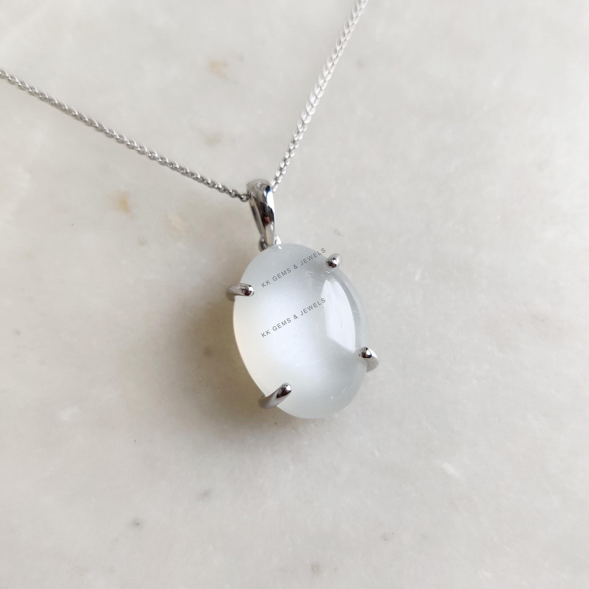 Natural White Moonstone Pendant, 14K Solid White Gold Prong Setting, June Birthstone