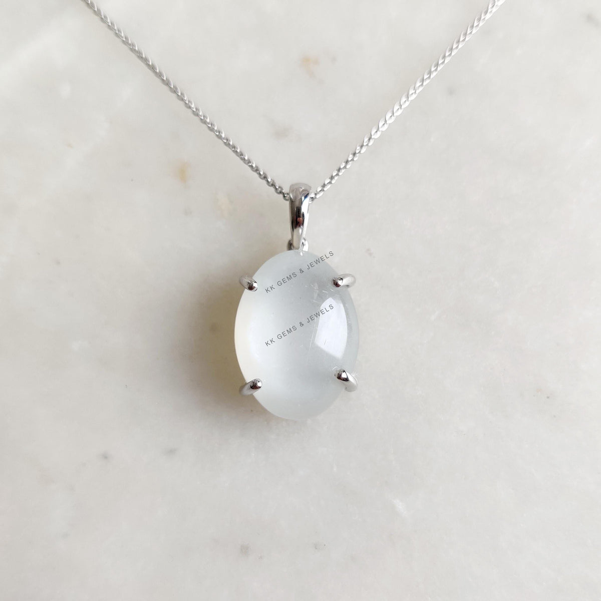 Natural White Moonstone Pendant, 14K Solid White Gold Prong Setting, June Birthstone