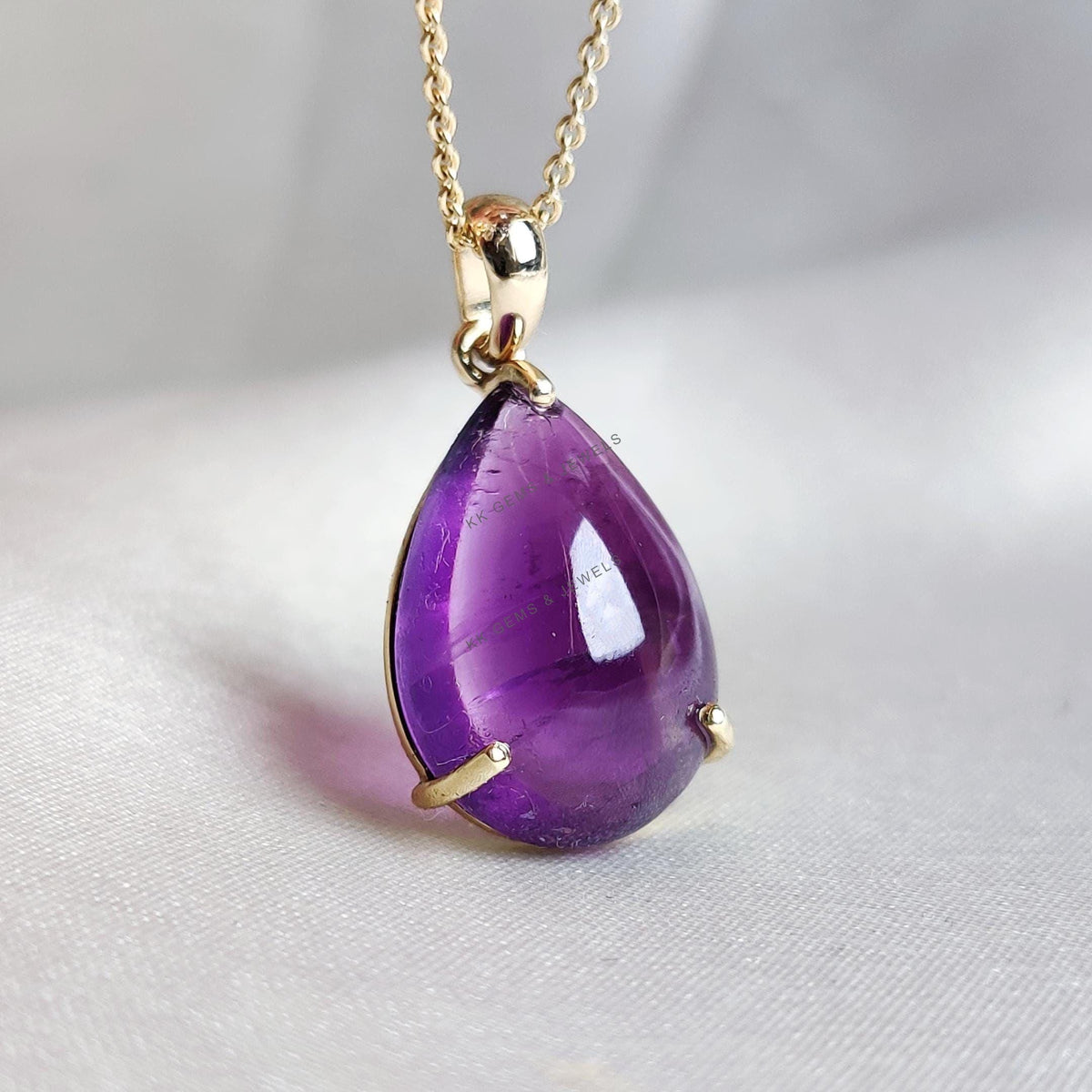 14K Solid Gold Natural Purple Amethyst Pear Pendant: February Birthstone Jewelry