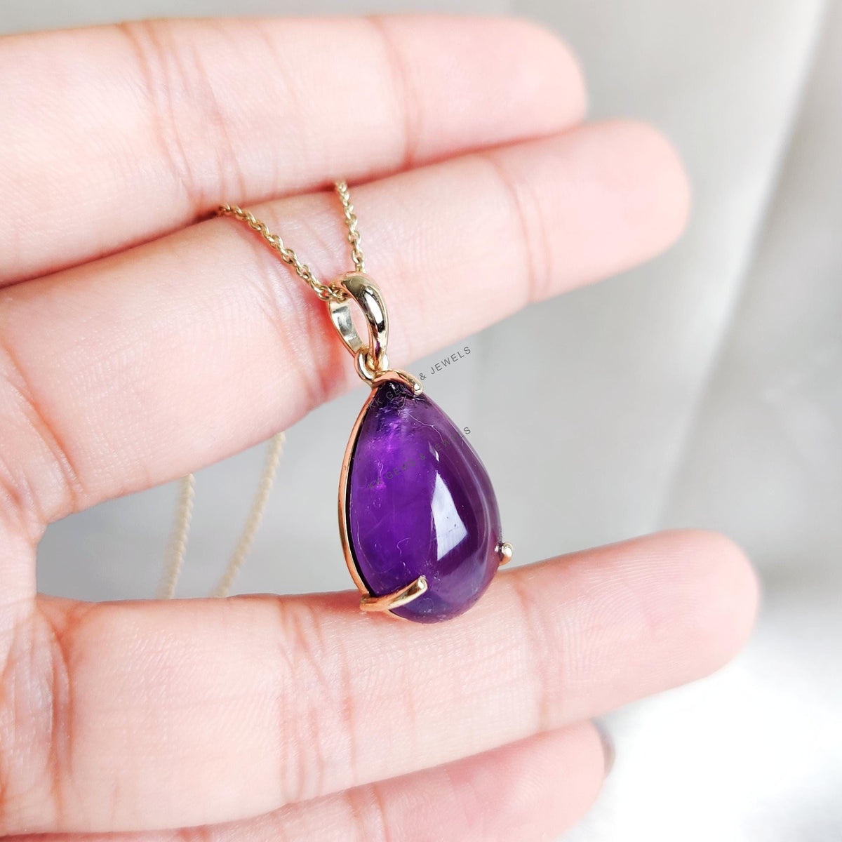 14K Solid Gold Natural Purple Amethyst Pear Pendant: February Birthstone Jewelry