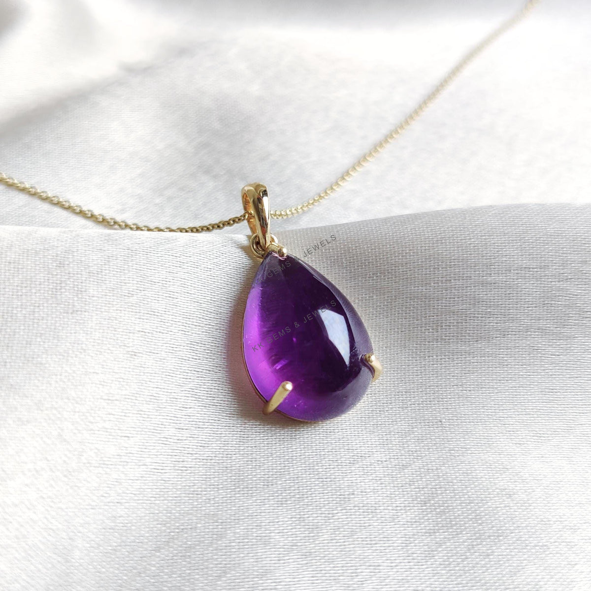 14K Solid Gold Natural Purple Amethyst Pear Pendant: February Birthstone Jewelry