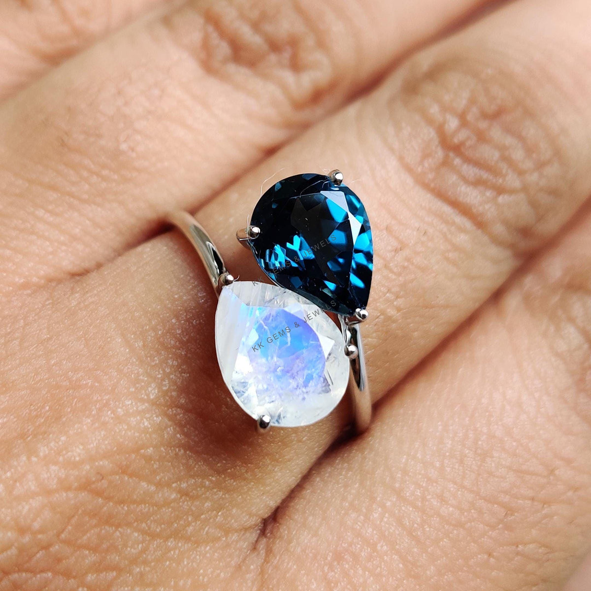 Natural London Blue Topaz & Rainbow Moonstone 14K Solid White Gold Toi et Moi Ring