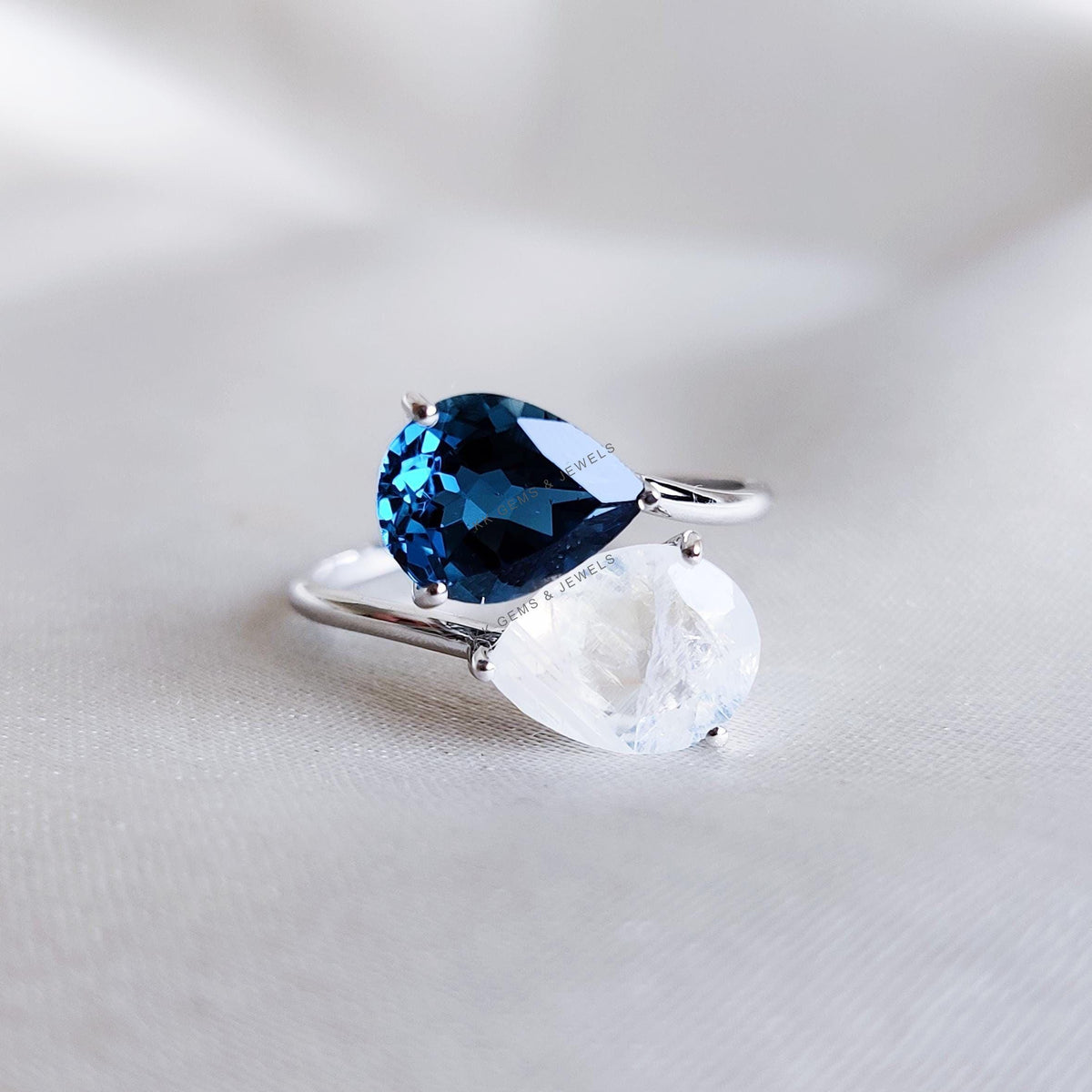 Natural London Blue Topaz & Rainbow Moonstone 14K Solid White Gold Toi et Moi Ring
