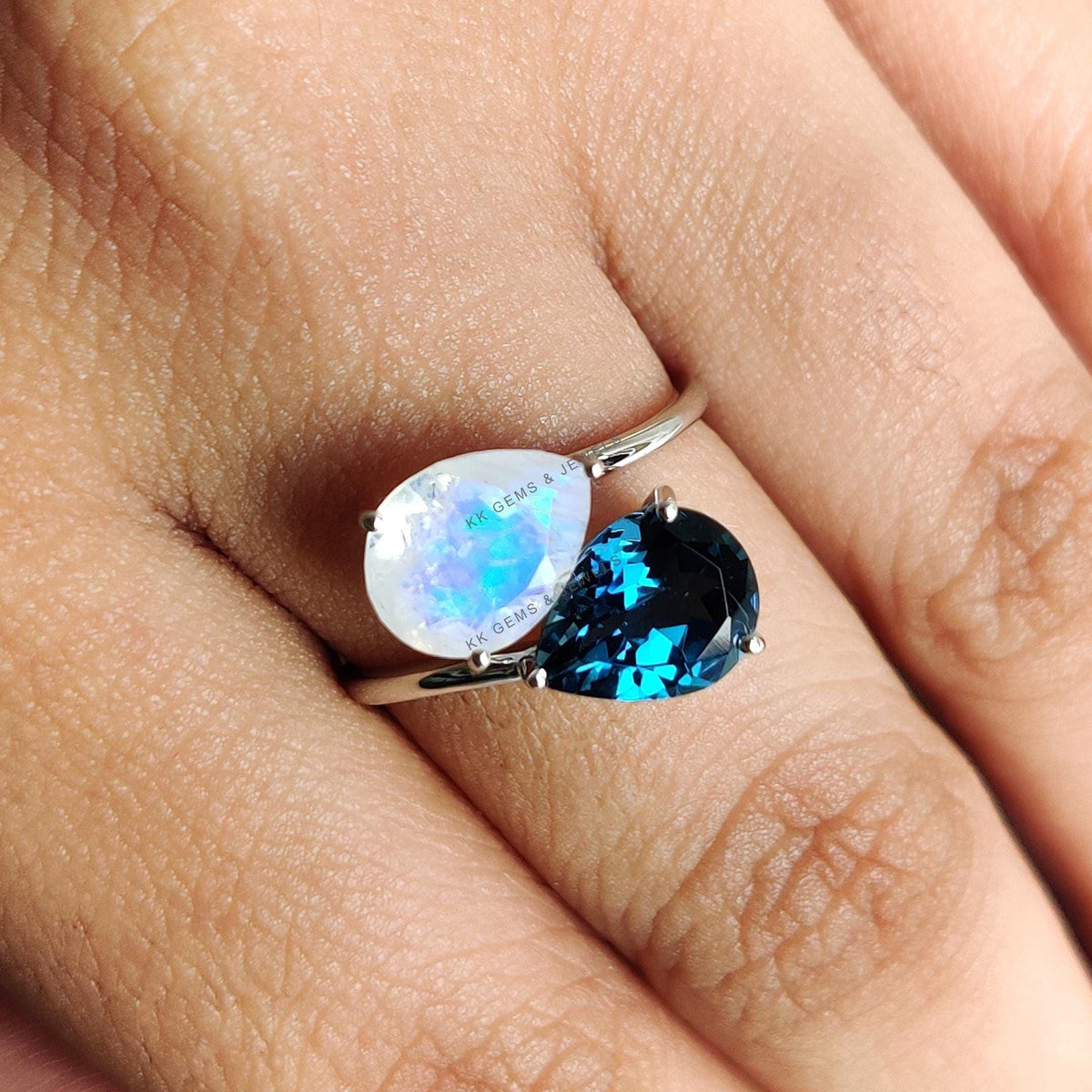 Natural London Blue Topaz & Rainbow Moonstone 14K Solid White Gold Toi et Moi Ring