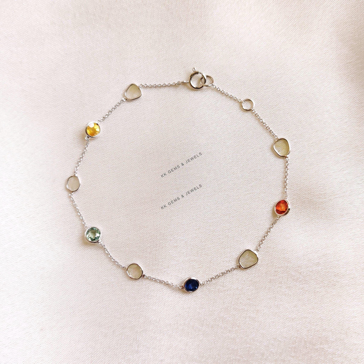 14K Solid White Gold Natural Multi Sapphire & Diamond Slice Bracelet, September Birthstone