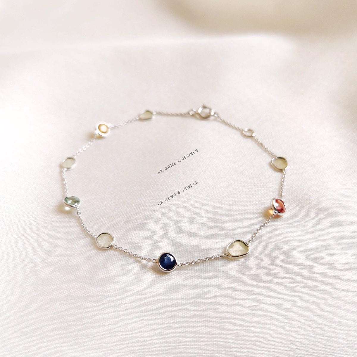 14K Solid White Gold Natural Multi Sapphire & Diamond Slice Bracelet, September Birthstone