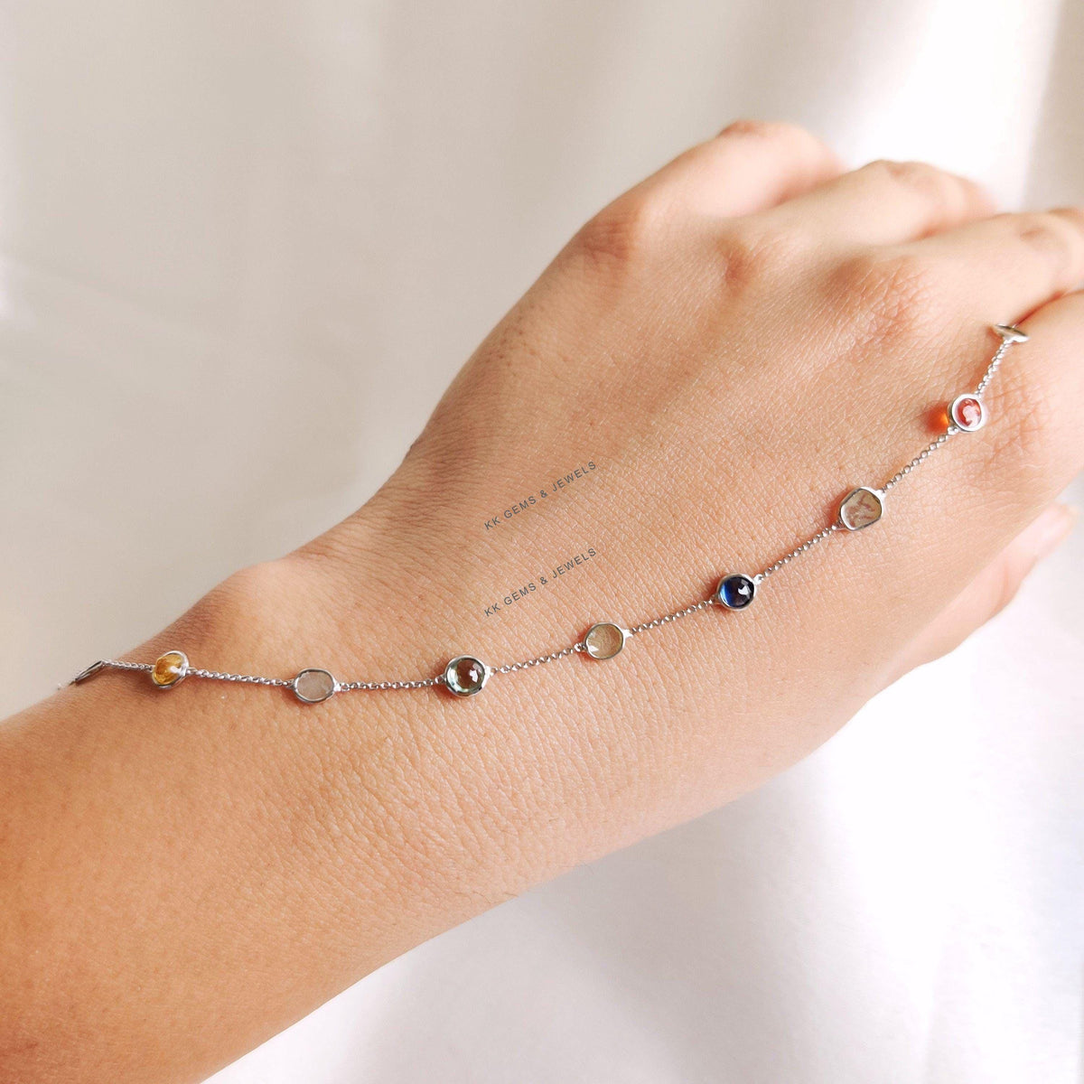 14K Solid White Gold Natural Multi Sapphire & Diamond Slice Bracelet, September Birthstone