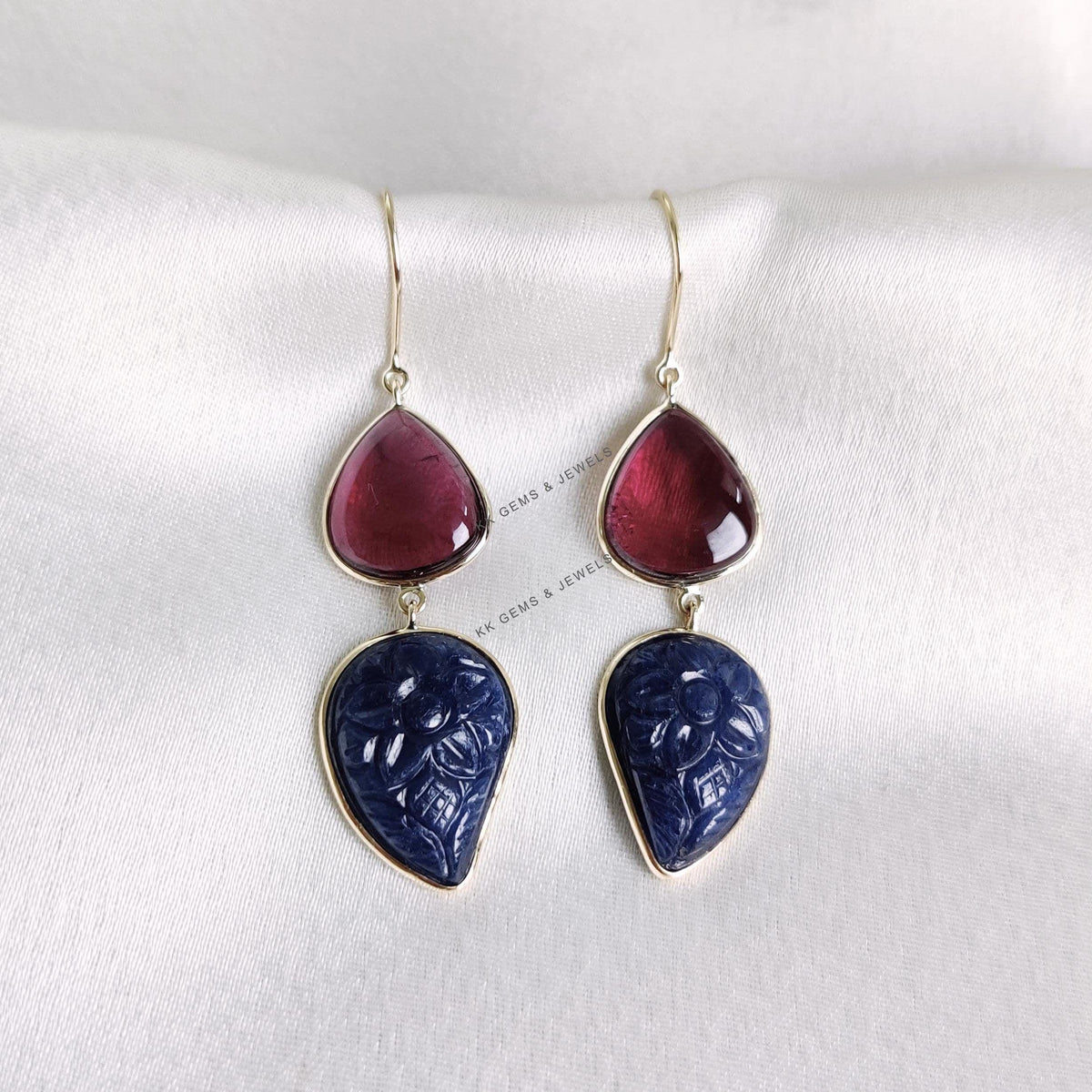 Natural Rubellite Tourmaline & Carved Blue Sapphire 14K Solid Yellow Gold Earrings