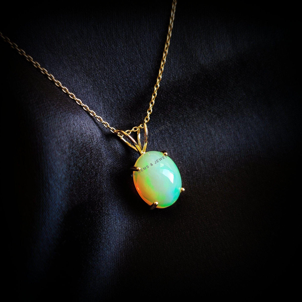 14K Solid Gold Natural Ethiopian Opal Pendant Necklace: Dainty October Birthstone
