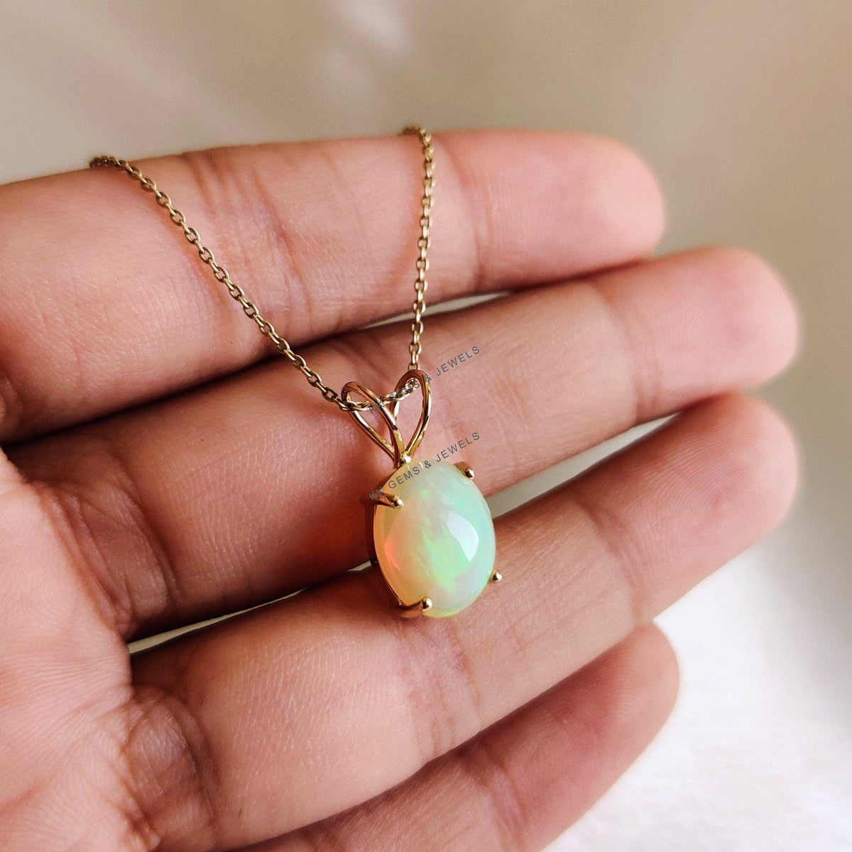 14K Solid Gold Natural Ethiopian Opal Pendant Necklace: Dainty October Birthstone