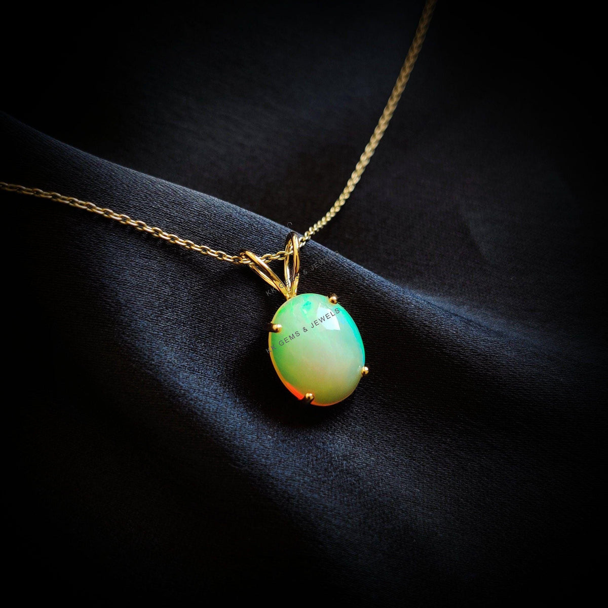 14K Solid Gold Natural Ethiopian Opal Pendant Necklace: Dainty October Birthstone