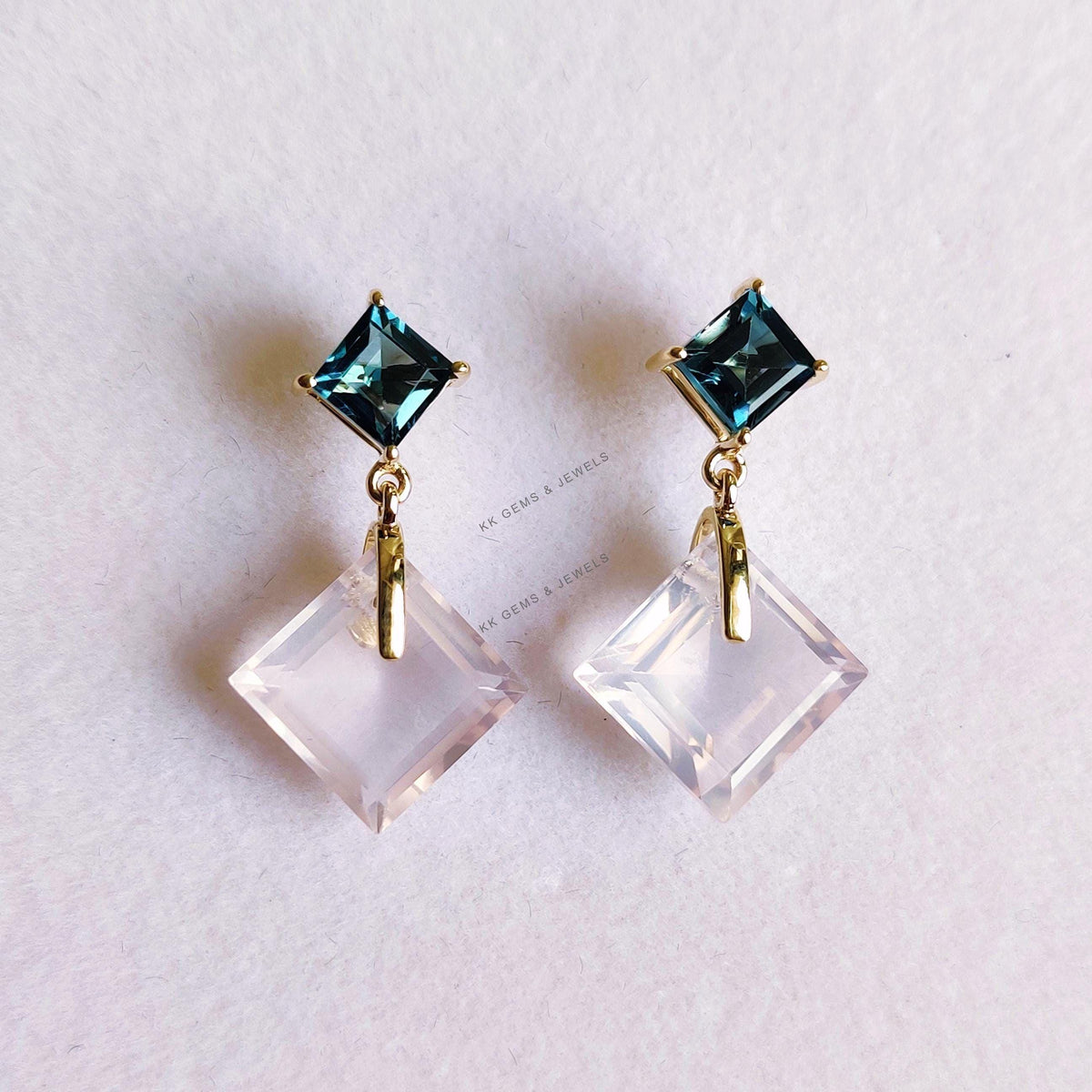 14K Solid Yellow Gold Natural Rose Quartz & London Blue Topaz Earrings: January December Birthstone