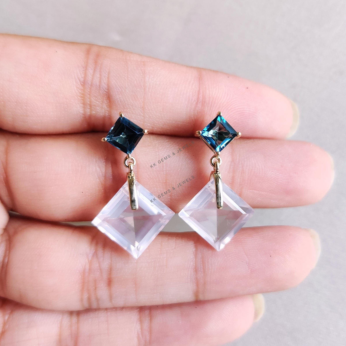 14K Solid Yellow Gold Natural Rose Quartz & London Blue Topaz Earrings: January December Birthstone