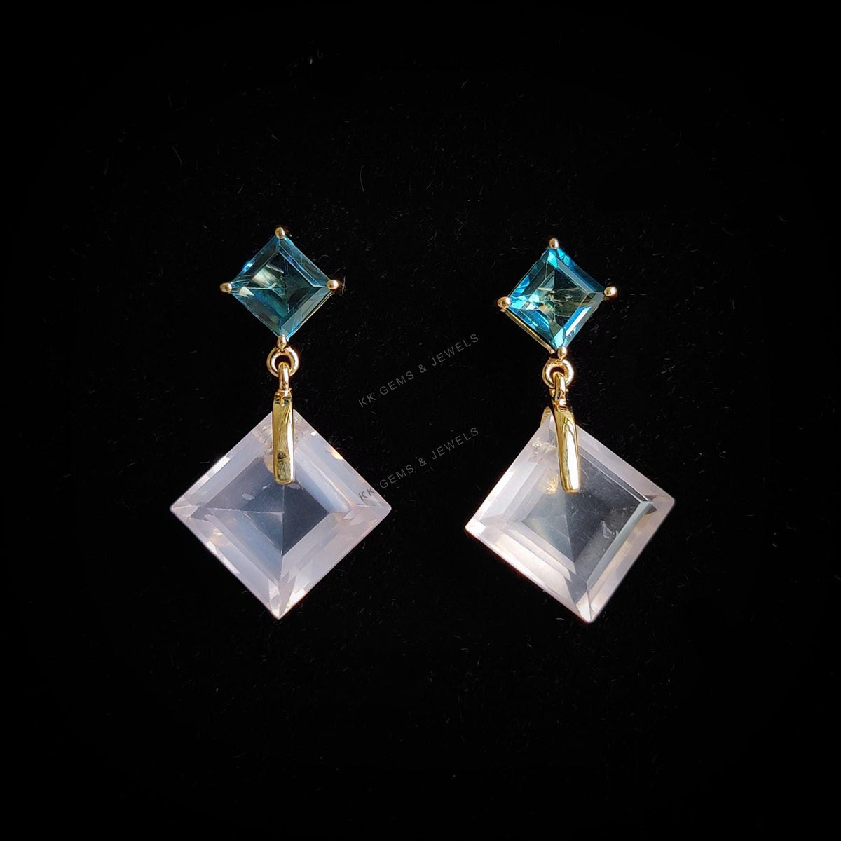 14K Solid Yellow Gold Natural Rose Quartz & London Blue Topaz Earrings: January December Birthstone