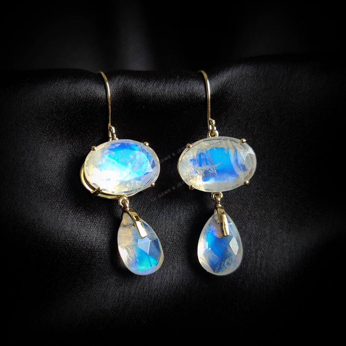 14K Solid Yellow Gold Natural Rainbow Moonstone Dangle Earrings, June Birthstone