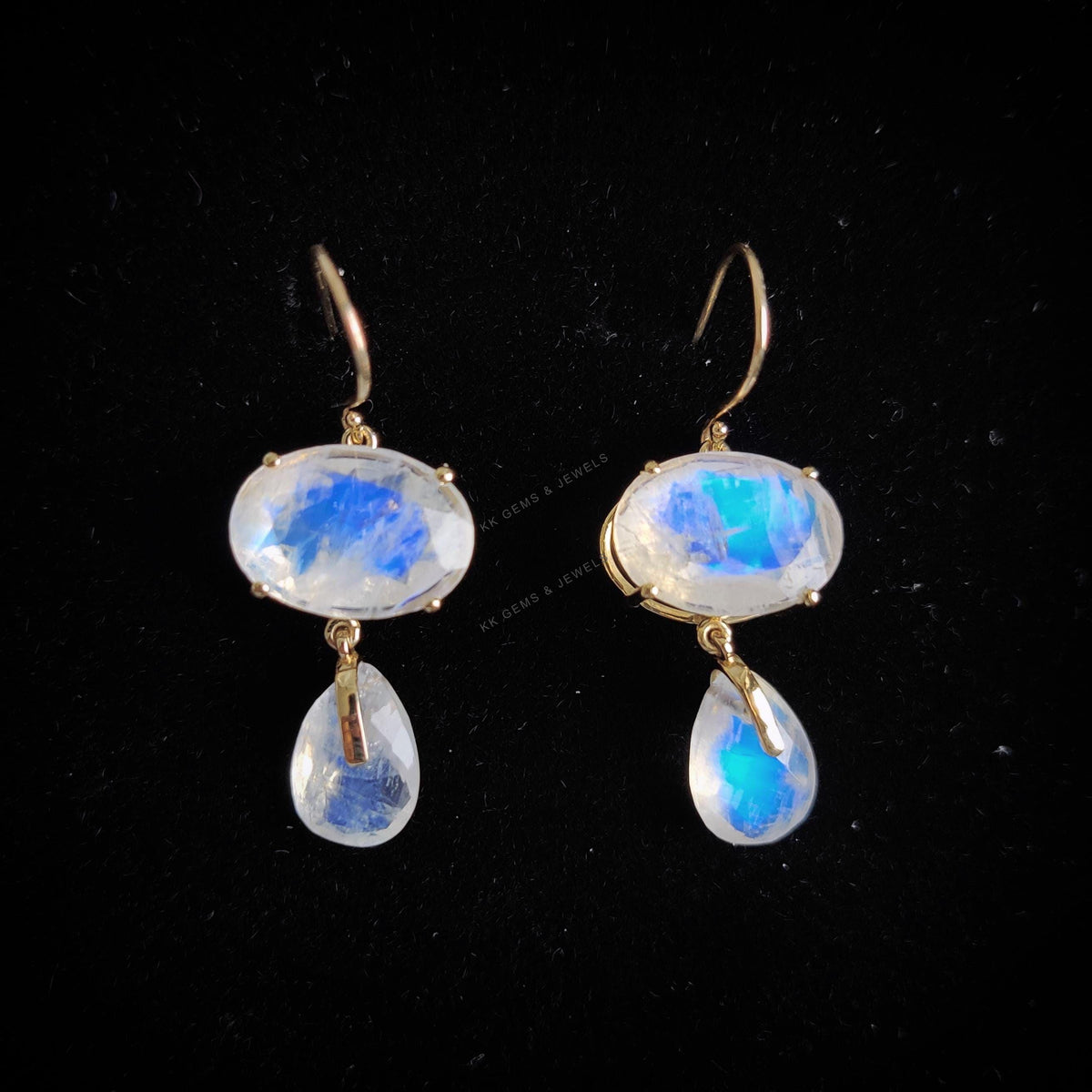 14K Solid Yellow Gold Natural Rainbow Moonstone Dangle Earrings, June Birthstone