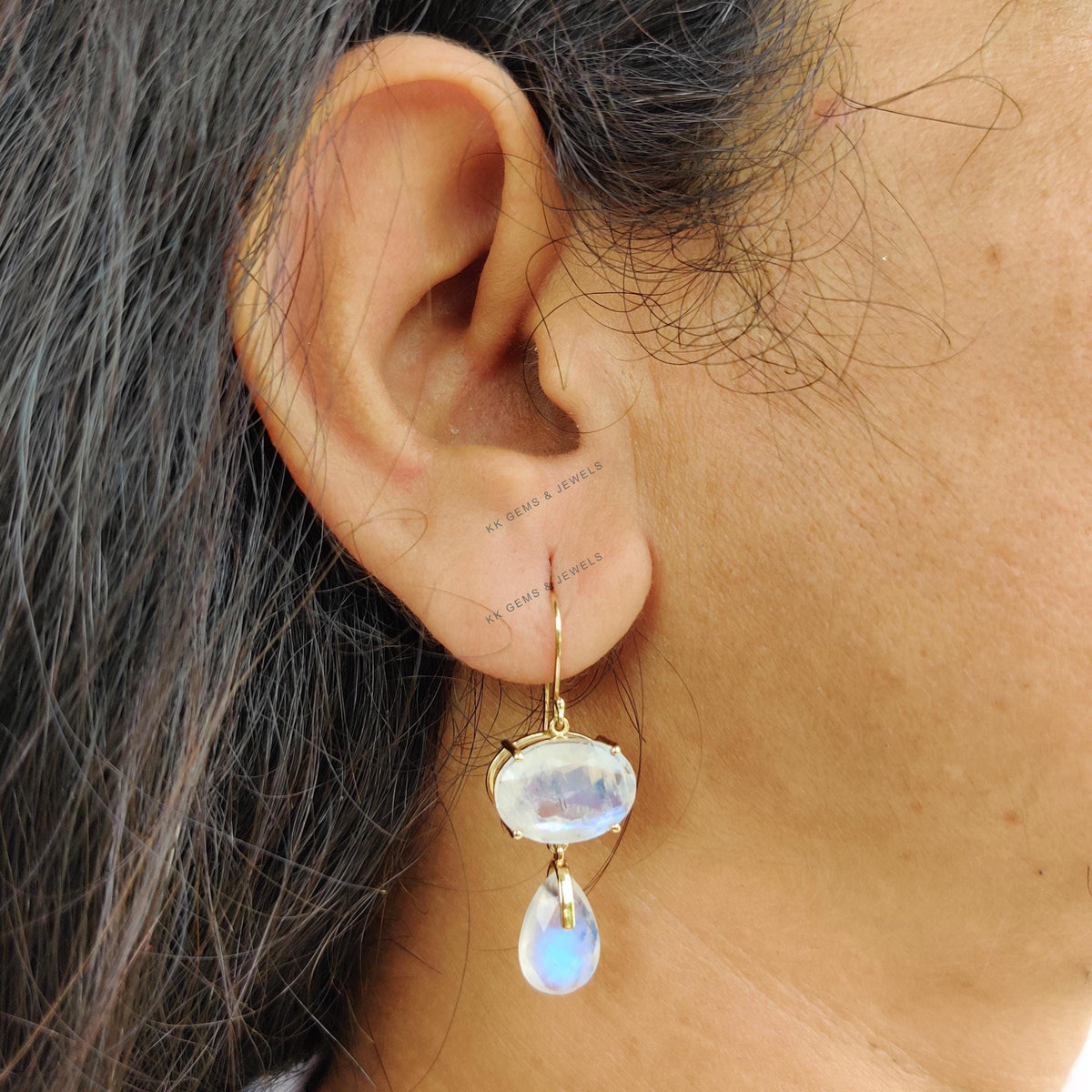 14K Solid Yellow Gold Natural Rainbow Moonstone Dangle Earrings, June Birthstone