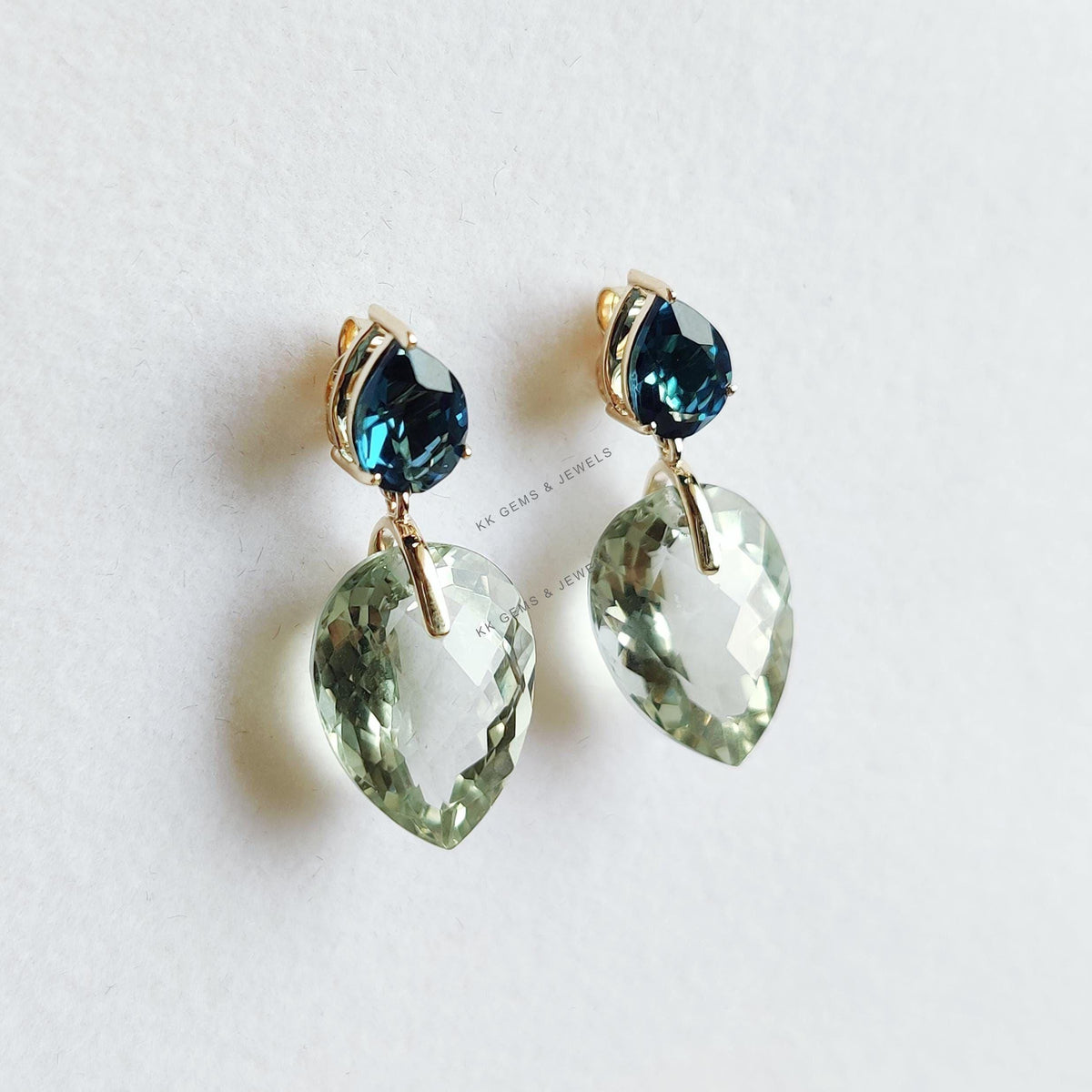 14K Solid Gold Natural Green Amethyst & London Blue Topaz Earrings: February December Birthstone