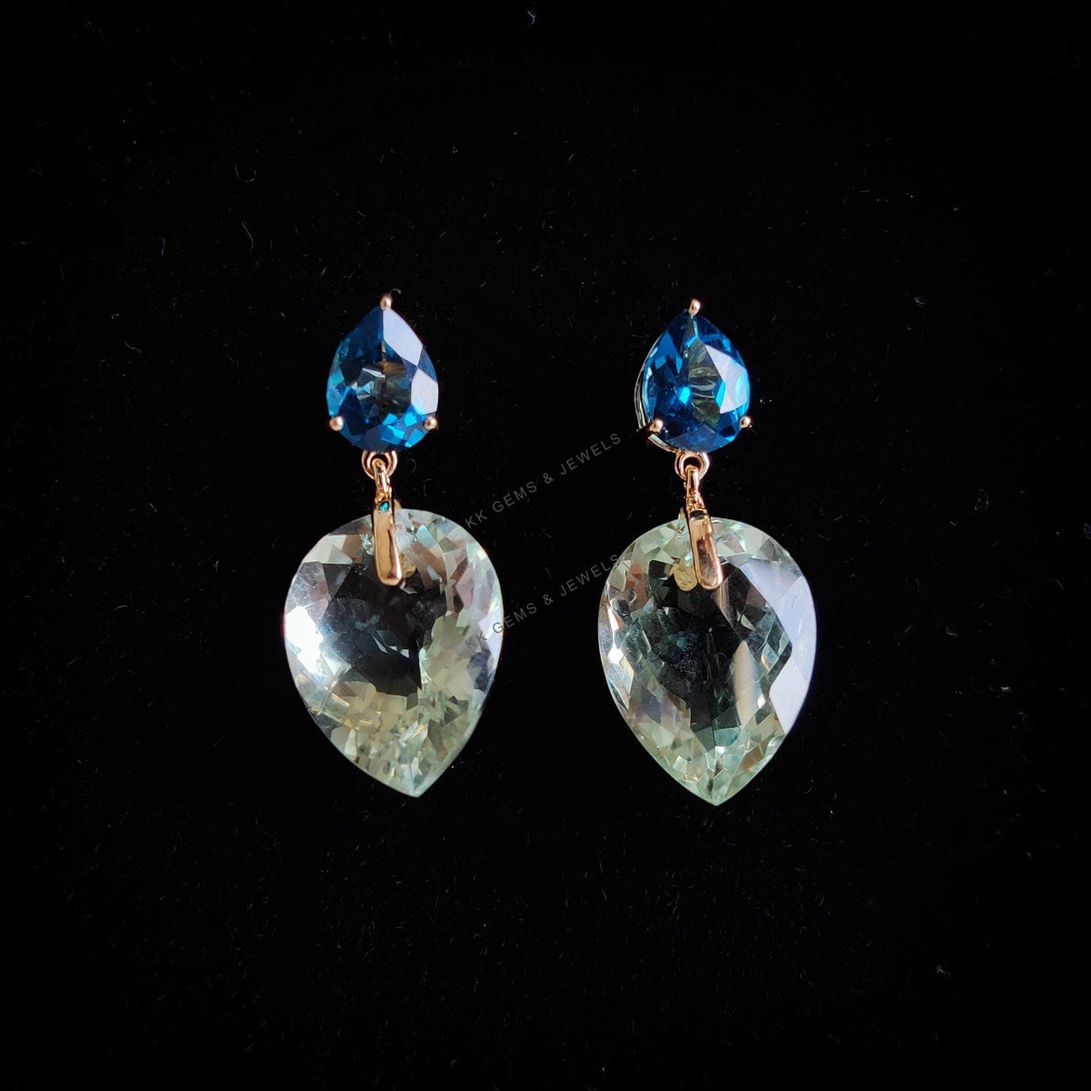 14K Solid Gold Natural Green Amethyst & London Blue Topaz Earrings: February December Birthstone