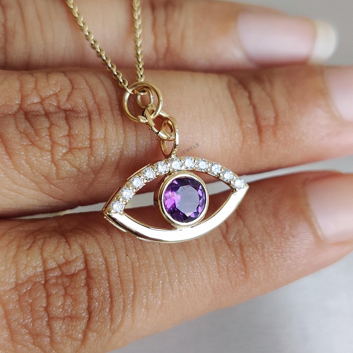 14K Solid Gold Natural Purple Amethyst & Diamond Evil Eye Pendant - February Birthstone