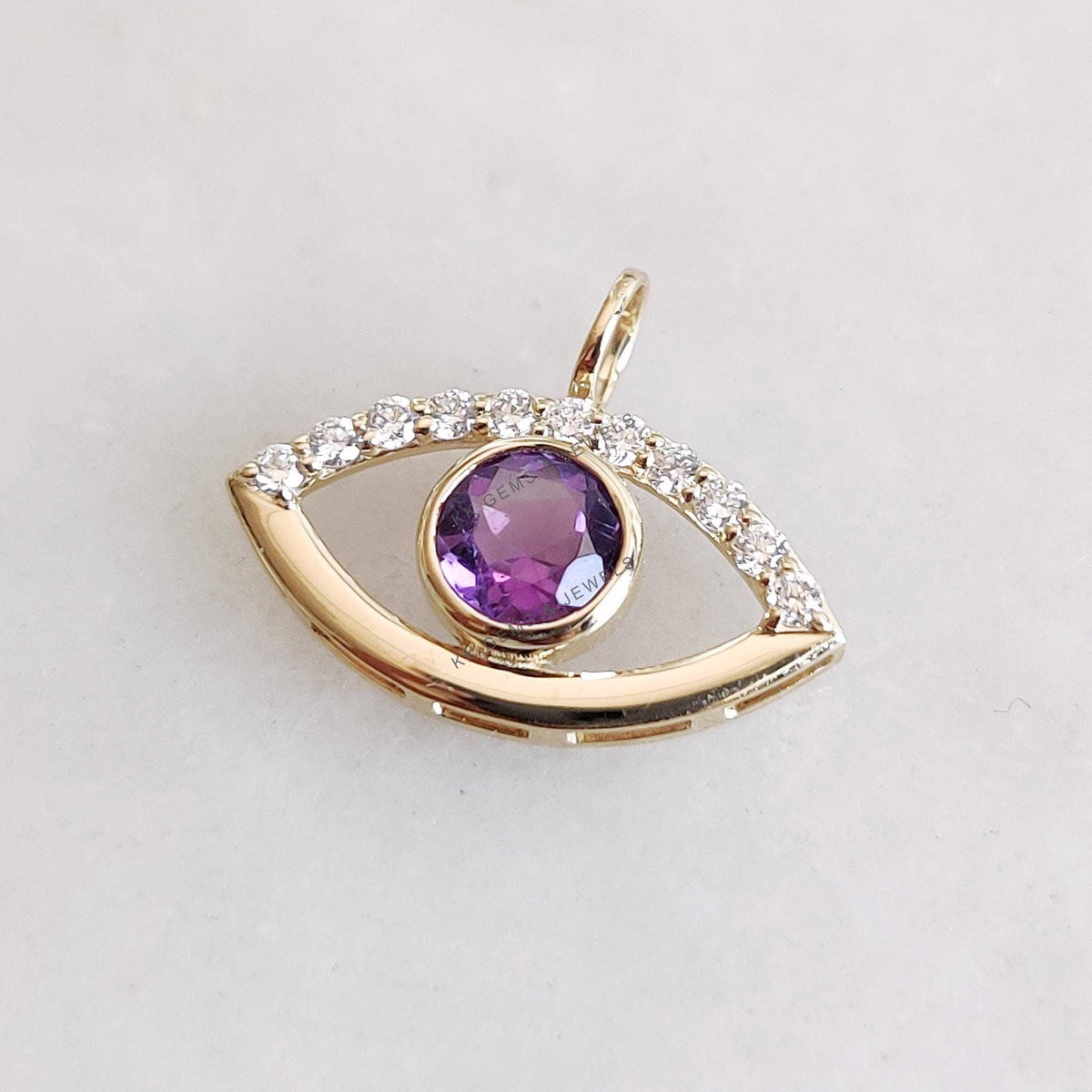 14K Solid Gold Natural Purple Amethyst & Diamond Evil Eye Pendant - February Birthstone