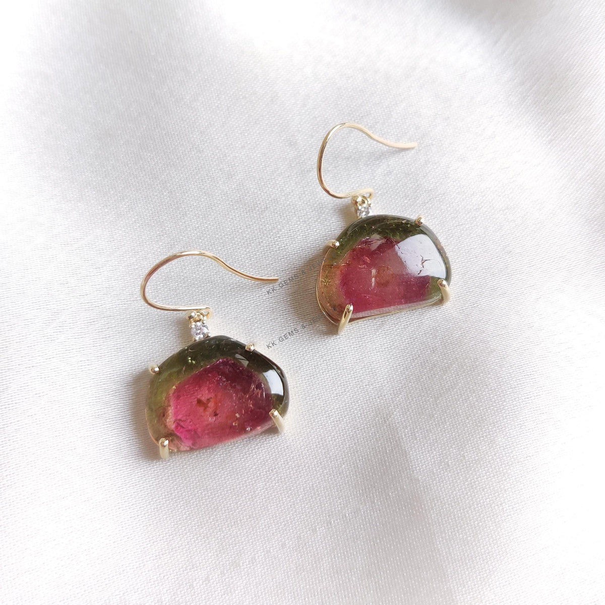 Natural Multi Tourmaline & Diamond Earrings, 14K Solid Yellow Gold, October Birthstone