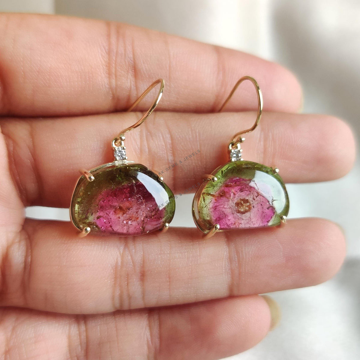 Natural Multi Tourmaline & Diamond Earrings, 14K Solid Yellow Gold, October Birthstone