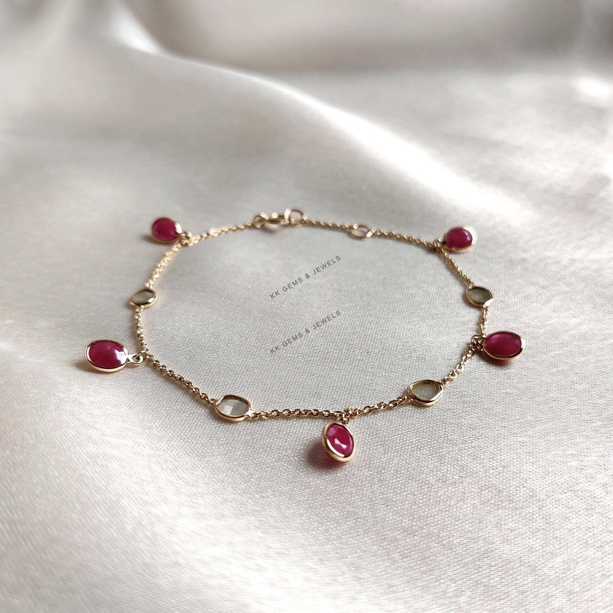 Natural Ruby & Diamond Polki Bracelet, 14K Solid Yellow Gold, July Birthstone