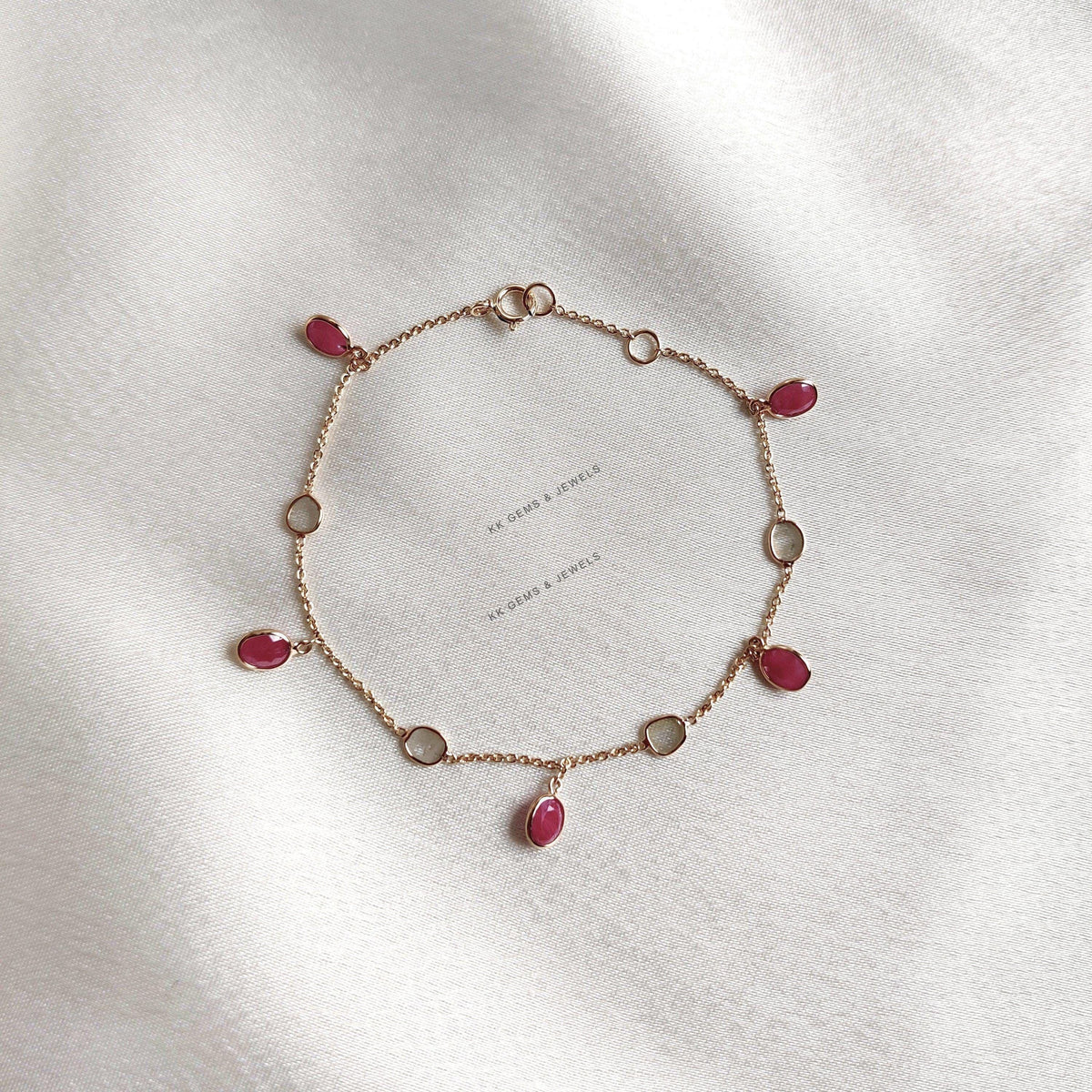Natural Ruby & Diamond Polki Bracelet, 14K Solid Yellow Gold, July Birthstone