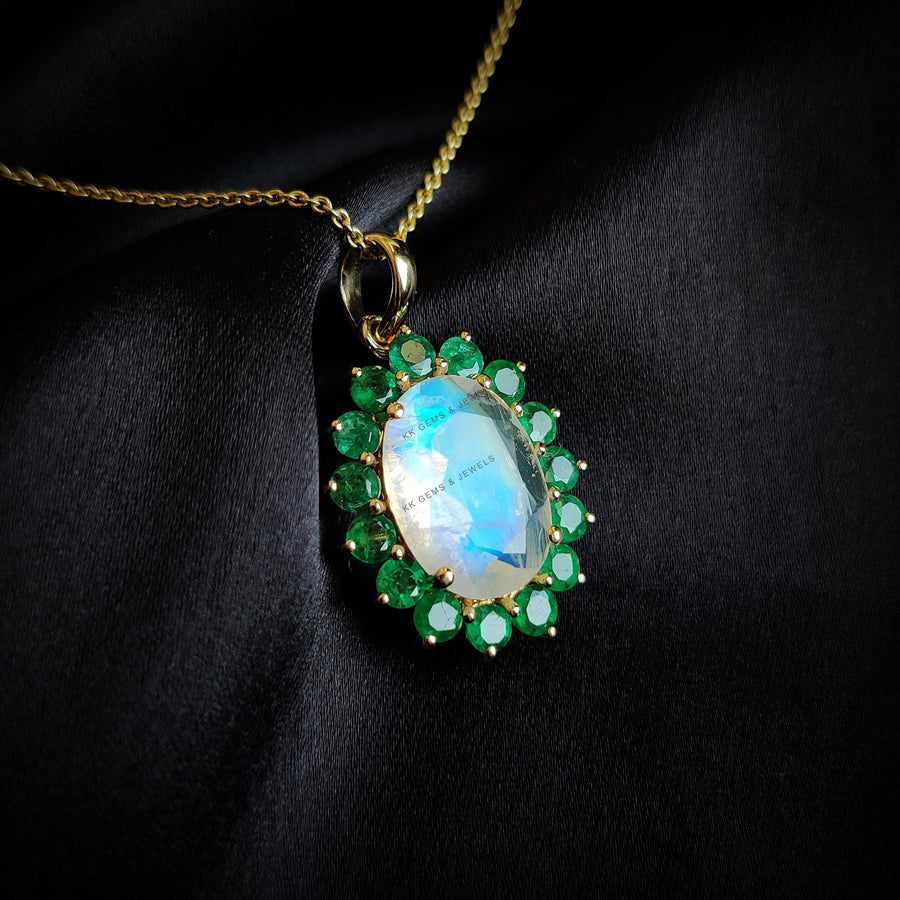Natural Rainbow Moonstone & Emerald Pendant, 14K Solid Gold Pendant - June May Birthstone