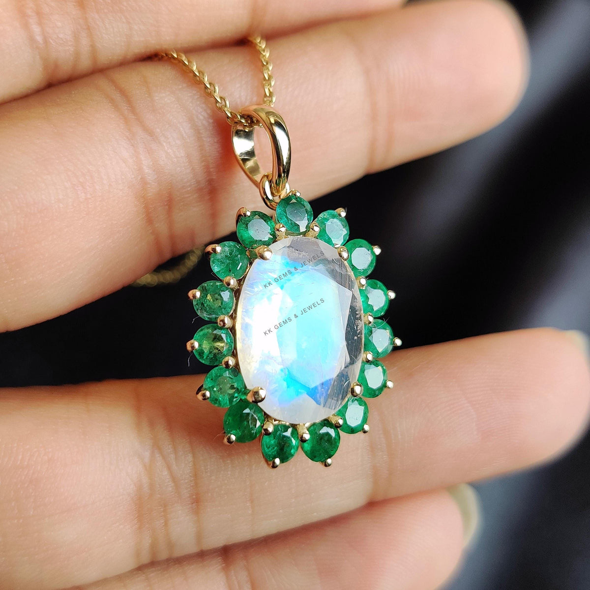 Natural Rainbow Moonstone & Emerald Pendant, 14K Solid Gold Pendant - June May Birthstone