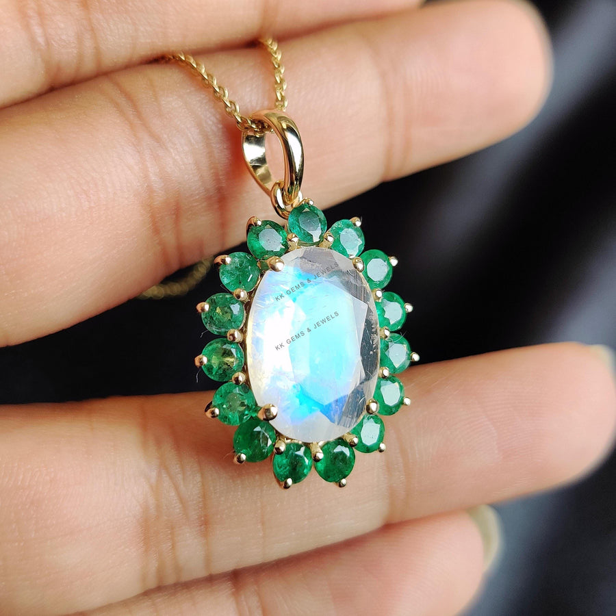 Natural Rainbow Moonstone & Emerald Pendant, 14K Solid Gold Pendant - June May Birthstone