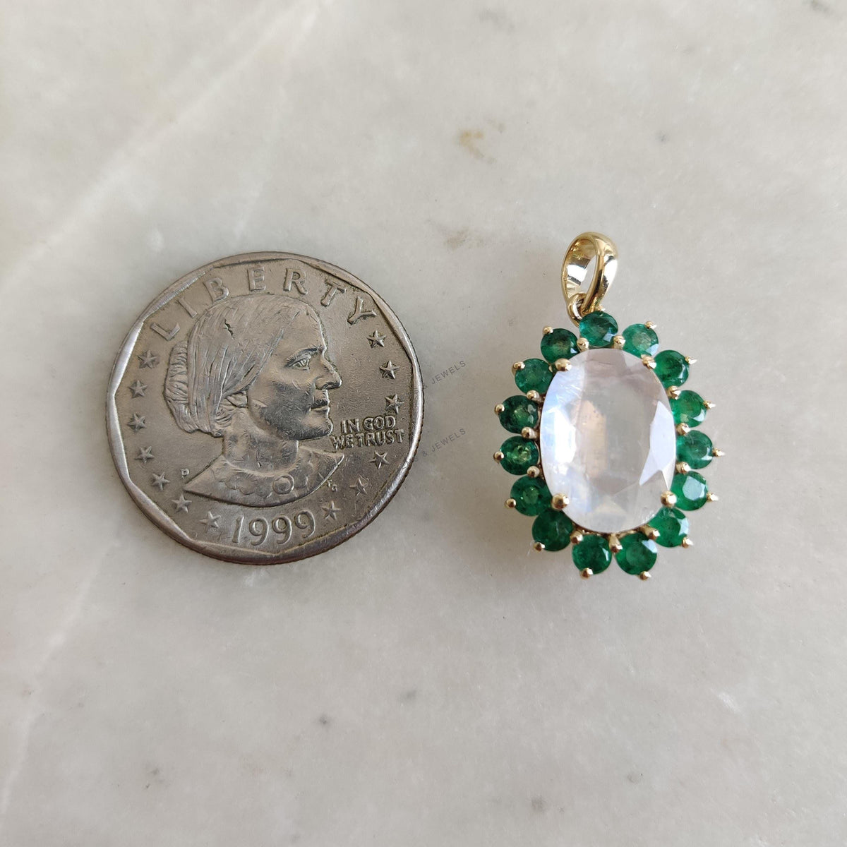 Natural Rainbow Moonstone & Emerald Pendant, 14K Solid Gold Pendant - June May Birthstone