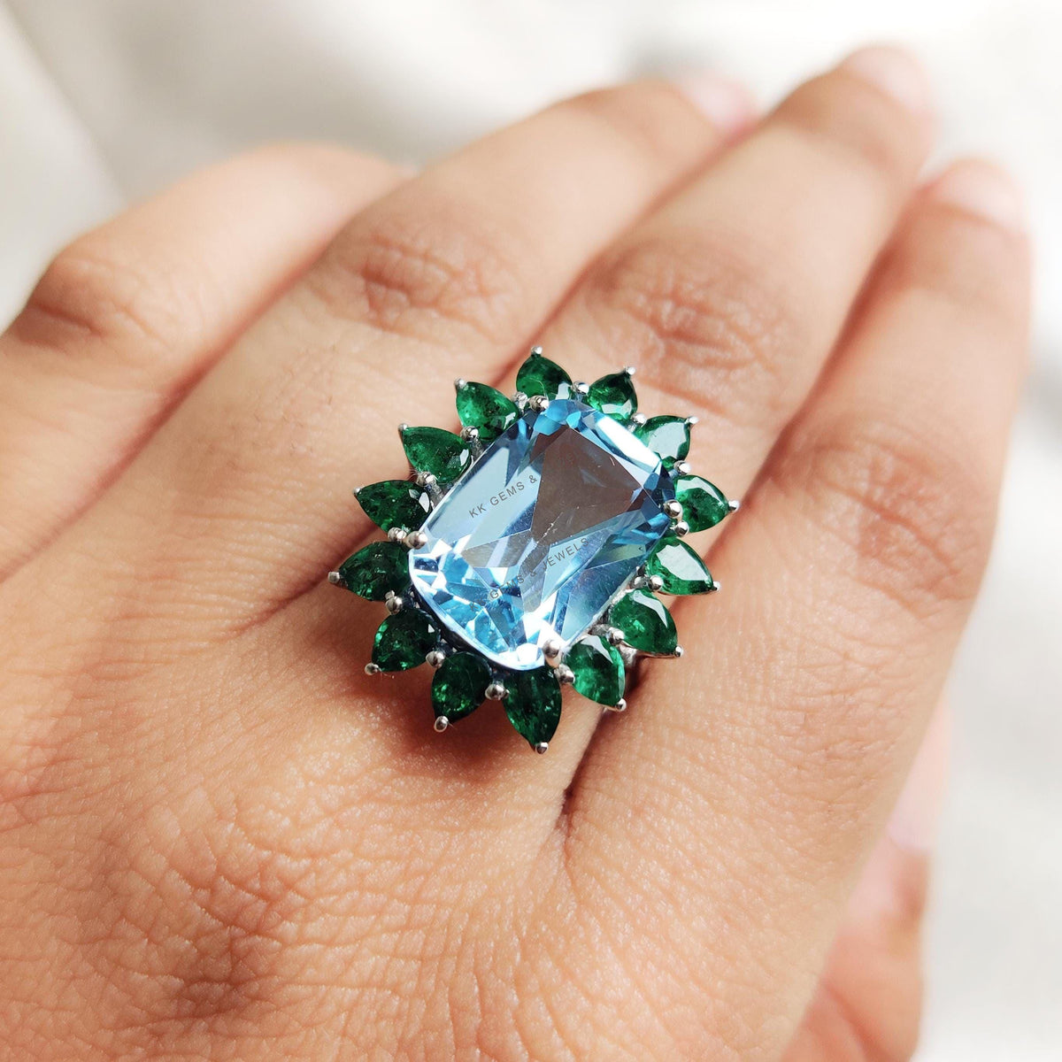 Natural Sky Blue Topaz & Emerald Ring, 14K Solid White Gold, May December Birthstone