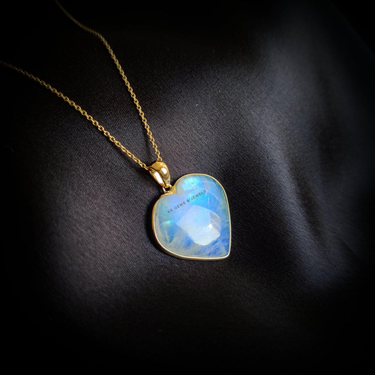 14K Solid Gold Natural Rainbow Moonstone Heart Pendant - June Birthstone