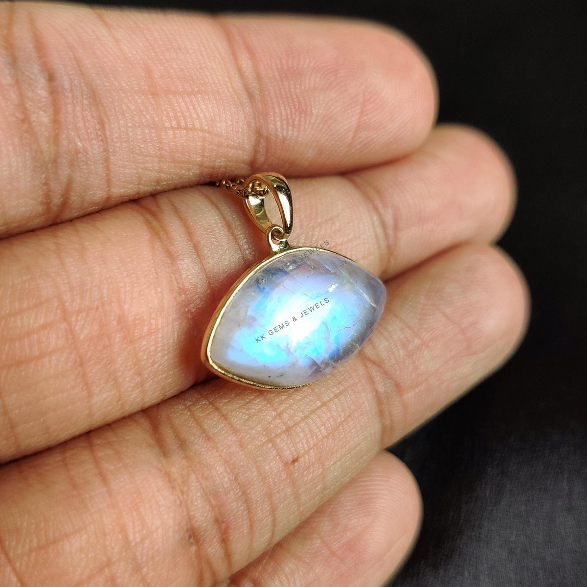 Natural Rainbow Moonstone 14K Solid Gold Marquise Pendant, June Birthstone