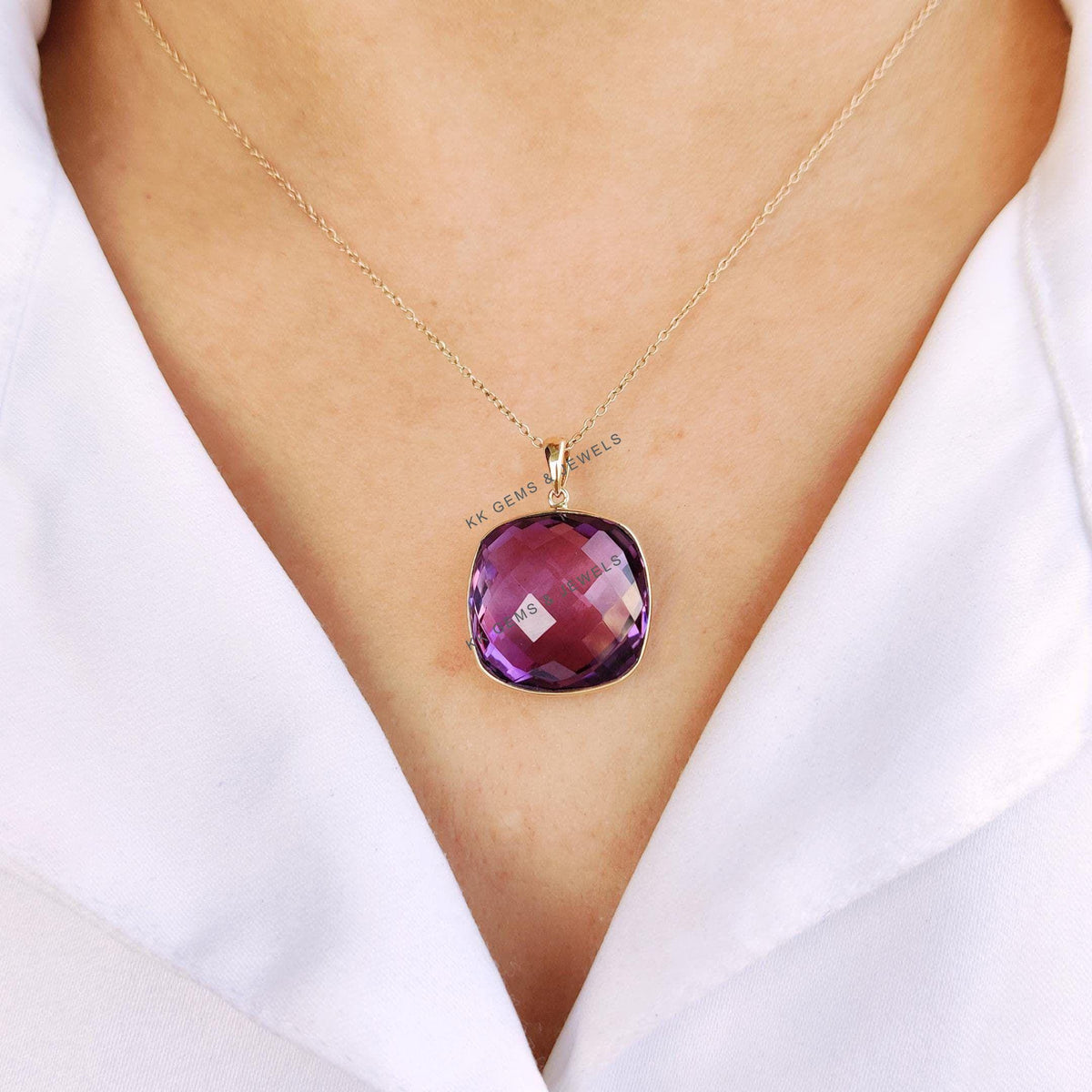 14K Solid Yellow Gold Natural Purple Amethyst Pendant: February Birthstone Jewelry