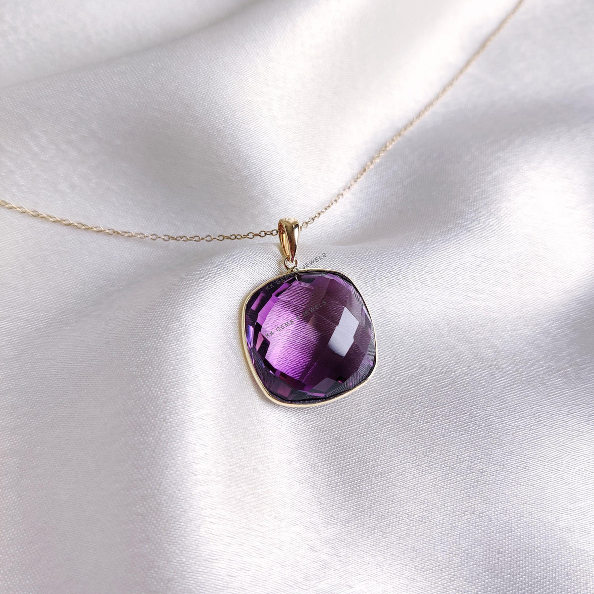 14K Solid Yellow Gold Natural Purple Amethyst Pendant: February Birthstone Jewelry