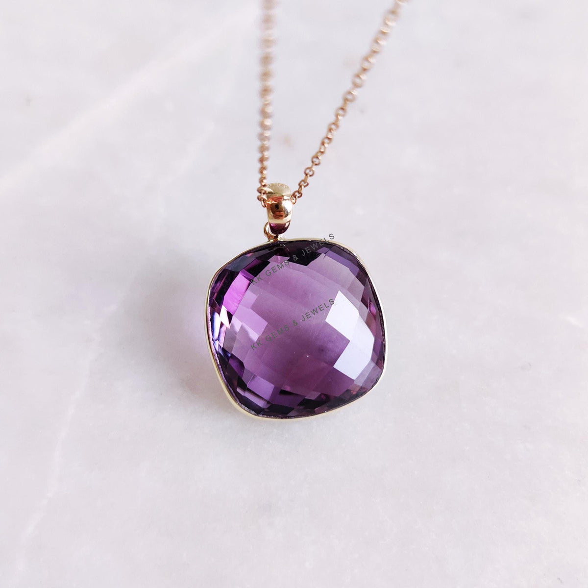 14K Solid Yellow Gold Natural Purple Amethyst Pendant: February Birthstone Jewelry