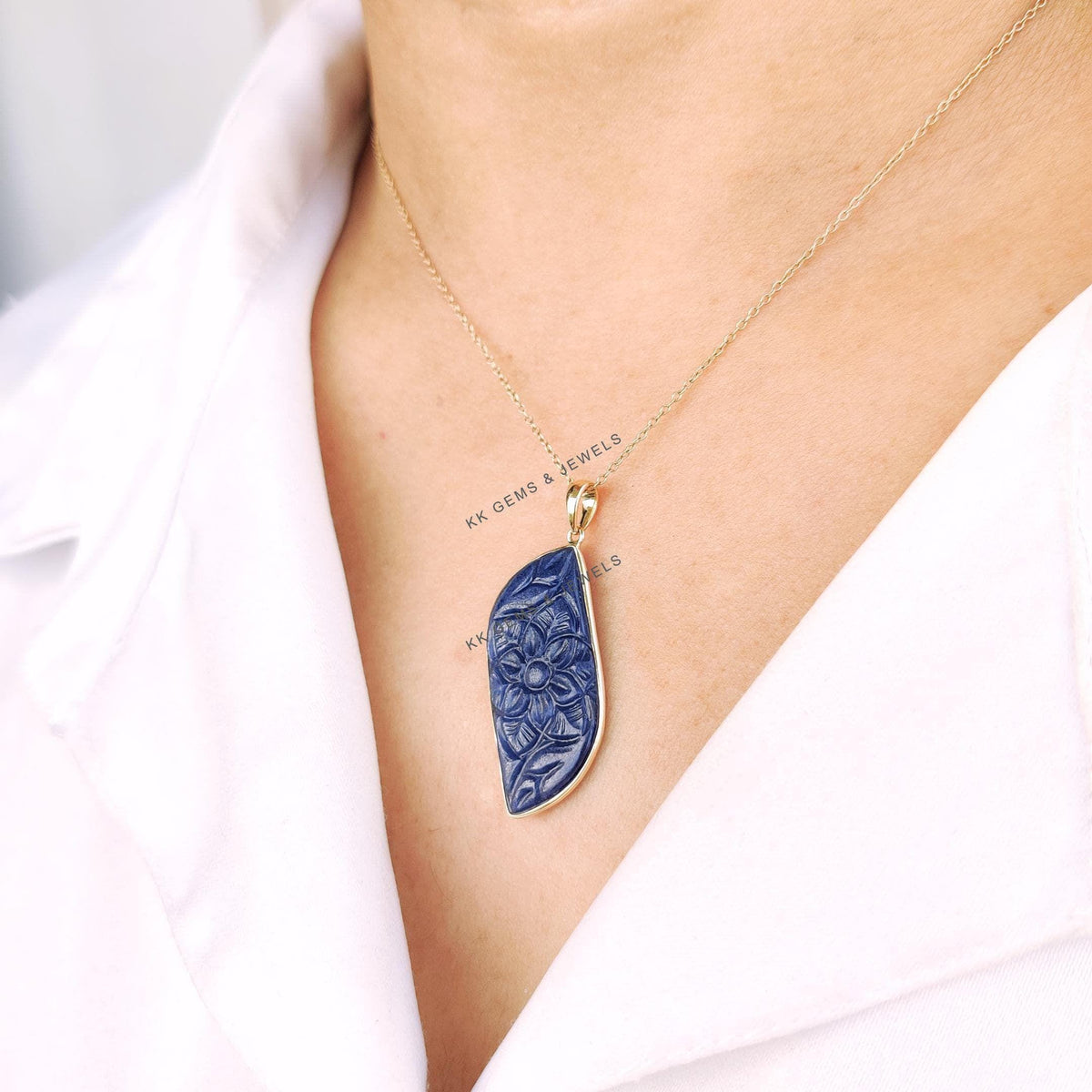 Carved Natural Blue Sapphire Pendant, 14K Solid Yellow Gold, September Birthstone