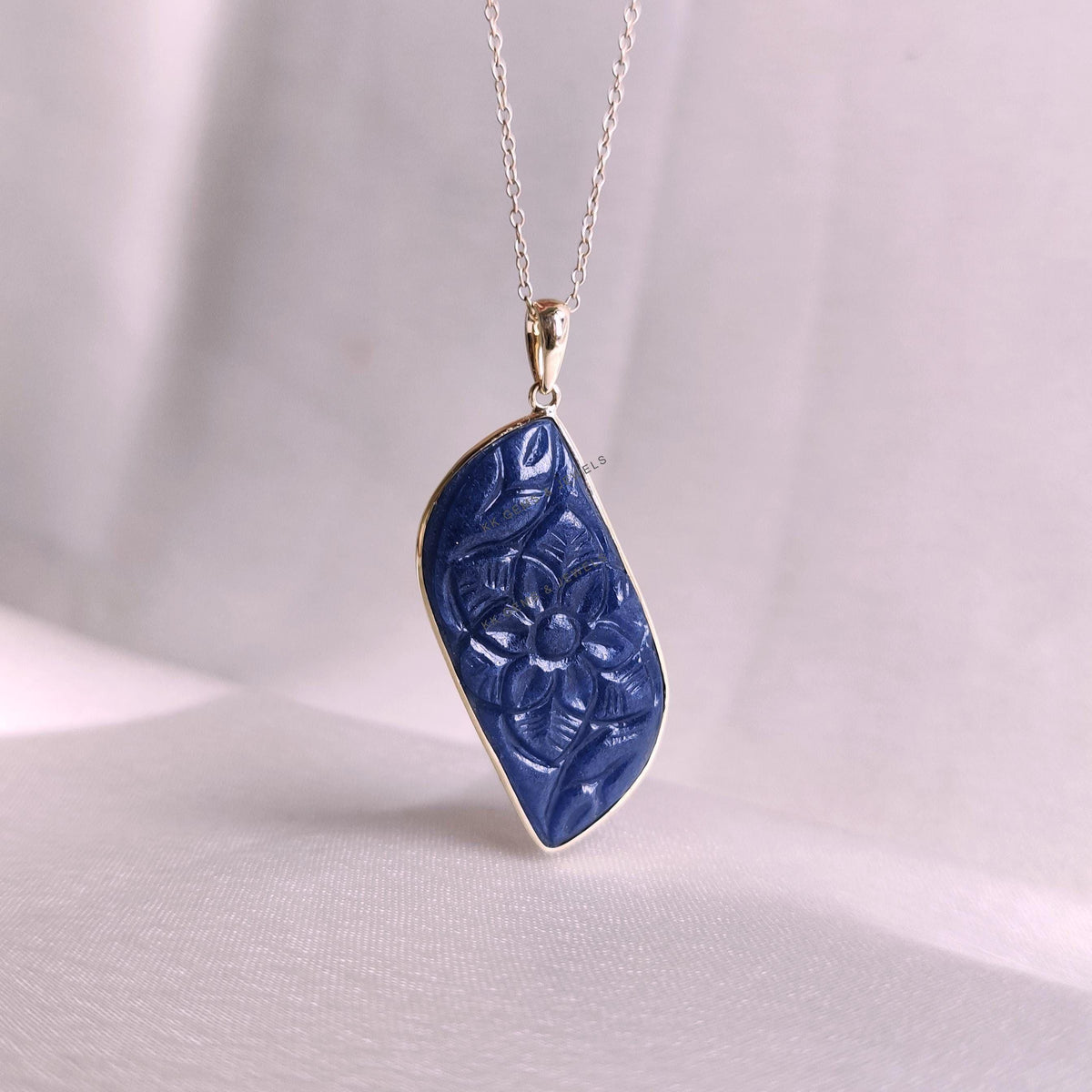 Carved Natural Blue Sapphire Pendant, 14K Solid Yellow Gold, September Birthstone